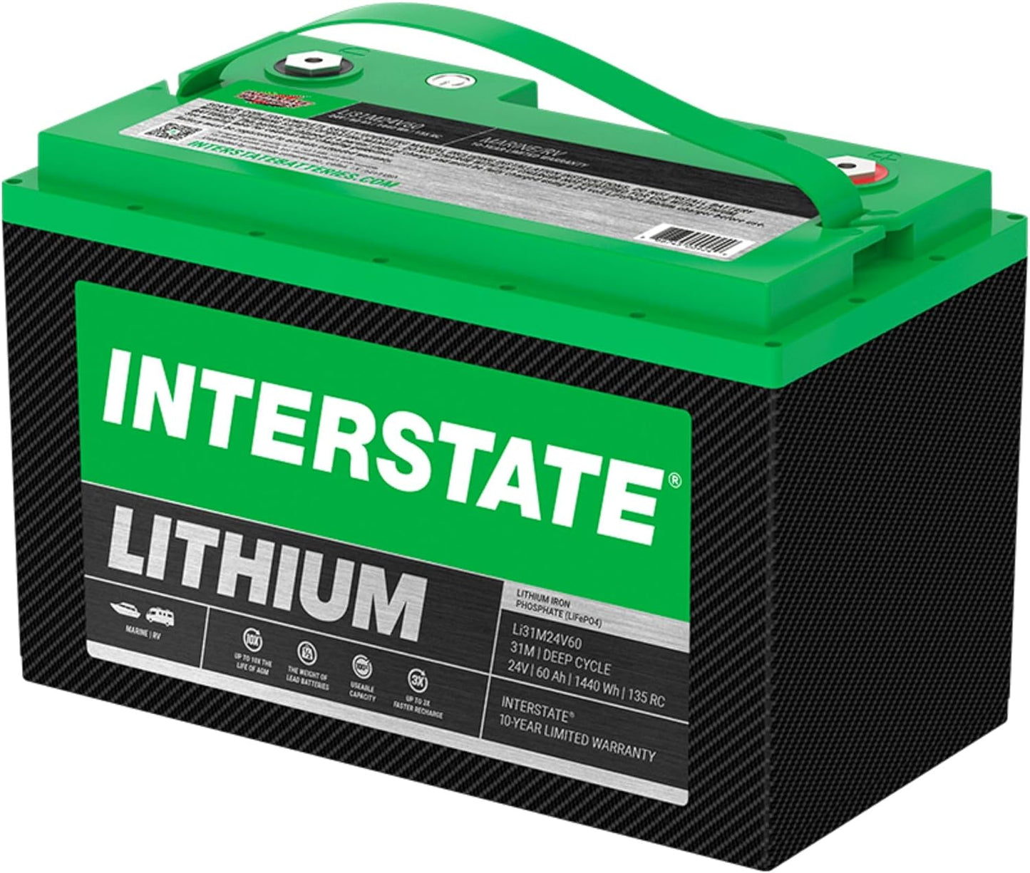 Interstate Batteries 24V 60Ah Group Size 31M Lithium Marine/RV Deep Cycle LiFePO4 Battery, Maintenance Free, Lightweight, Ideal For Boats, Trolling Motors, RV Camping, Off-Grid, Yachts (Li31M24V60)