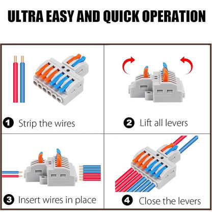 10PCS Lever Wire Connectors, Quick Wiring Cable Connectors, Compact Push-in Conductor Terminal Block (10PCS 2 in 6 Out)