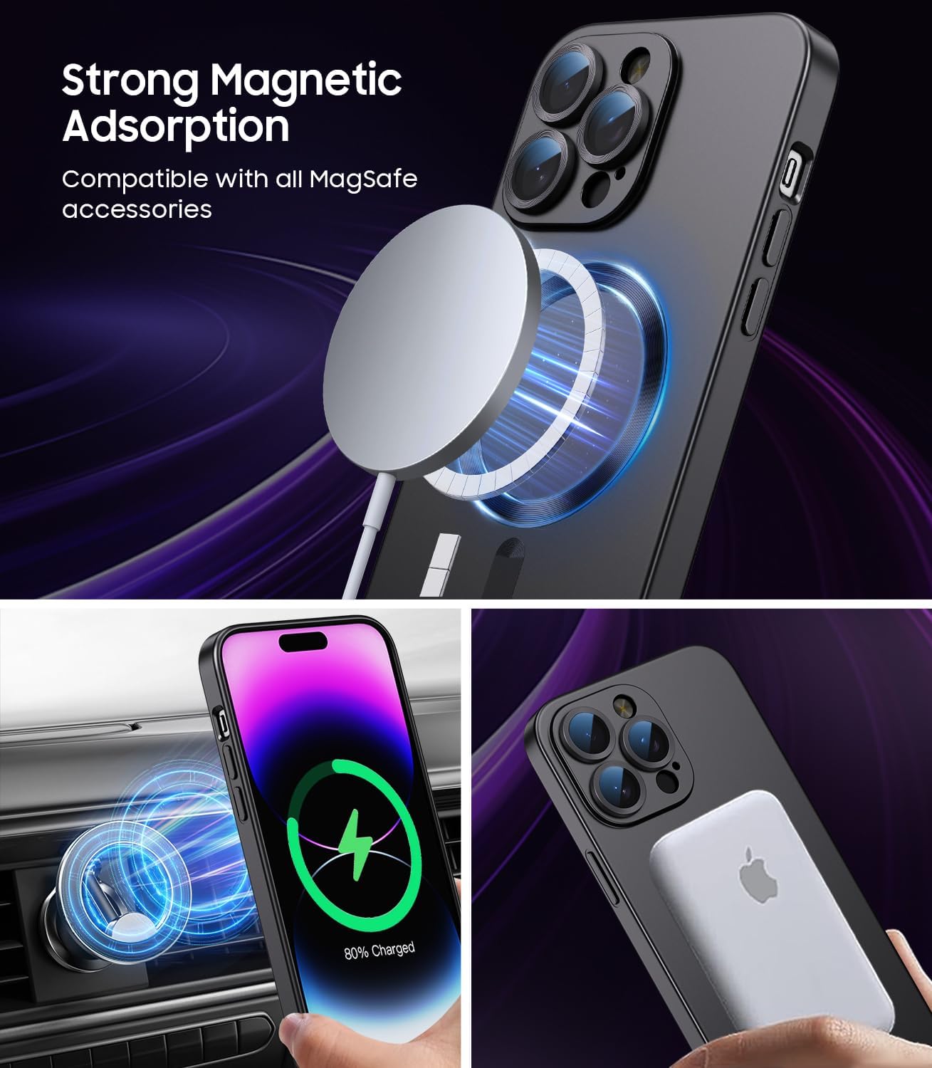 Magnetic for iPhone 14 Pro Max Case [Compatible with MagSafe][Built-in Camera Lens Protector] Slim Soft TPU Bumper Shockproof Metallic Luster Phone Case (Black)