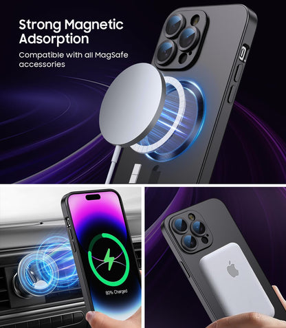 Magnetic for iPhone 14 Pro Max Case [Compatible with MagSafe][Built-in Camera Lens Protector] Slim Soft TPU Bumper Shockproof Metallic Luster Phone Case (Black)