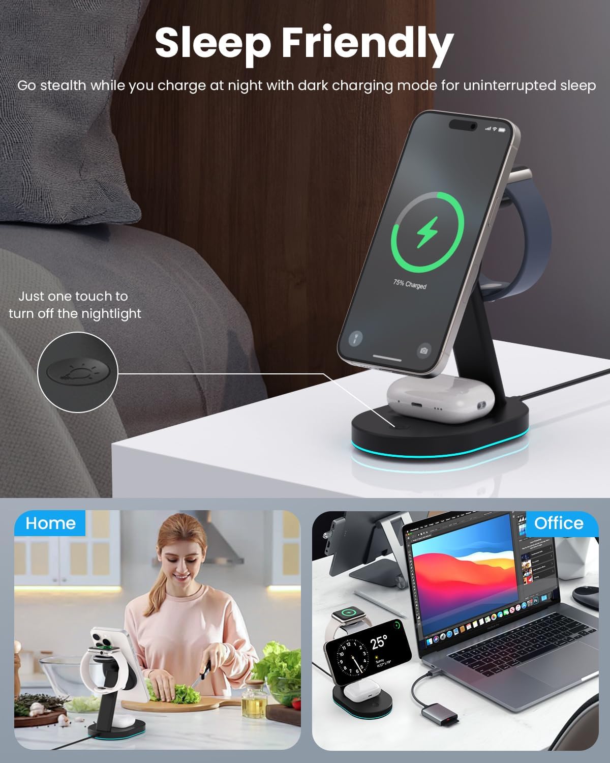 3 in 1 Wireless Charger Charging Station for iPhone,Qi2 Certified 15W Magnetic Charging Stand for Mag-Safe with 30W USB C Adapter&Friendly Night Light for iPhone 16/15/14/13/12,Apple Watch,AirPods