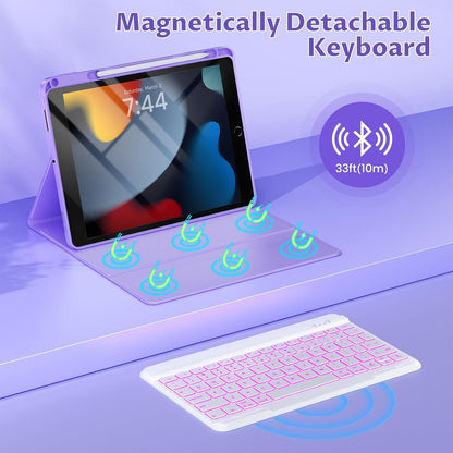 OYEEICE for iPad 9th Generation Case with Keyboard 10.2 Inch - Detachable Backlit Keyboard 360 Rotatable Cover with Pencil Holder for iPad 9th/8th/7th Gen 10.2 Inch, Air 3rd Gen & Pro 10.5" - Purple