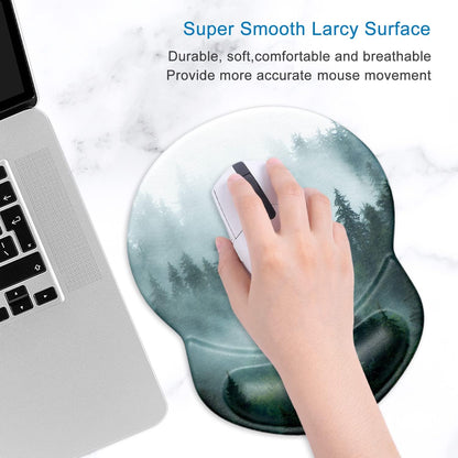 ITNRSIIET Ergonomic Mouse Pad with Gel Wrist Support Small Wrist Rest Smooth Surface Non-Slip PU Base Comfortable Office Supplies Pain Relief, 8.7 x 7.2 inches, Fog Forest