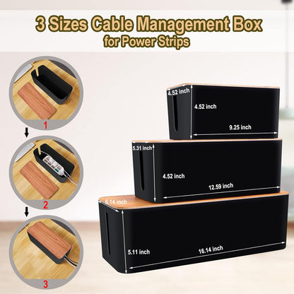Cable Management Box 3 Pack with 125PCS Cable Management Kit for Power Strip to Hide Wires,Cord Organizer Boxes,Safe ABS Material Wire Organizer of Cable Clips Sleeve for Home & Office