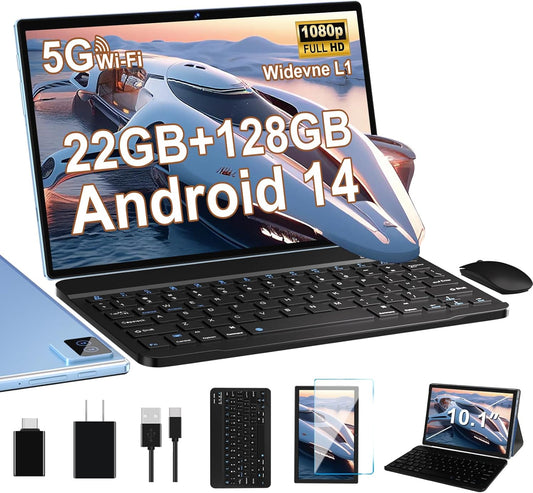 Android Tablet with Keyboard, 10 inch Android 14 Tablets 22GB+128GB, Octa-Core CPU, 8000mAh, HD IPS Display, 5G WiFi, BT 5.0, GPS, Widevine L1, 1TB Expandable, Mouse, Split Screen, Metal Body -Blue