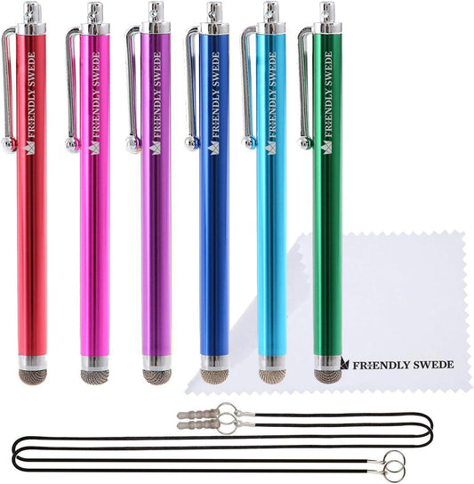 The Friendly Swede Micro-Knit Stylus Pen for Touchscreen — 6-Pack Hybrid Fiber Tip Universal Capacitive Stylus Pen for iPad; Lanyards & Cleaning Cloth - Hot Pink/Aqua Blue/Green/Dark Blue/Red/Purple