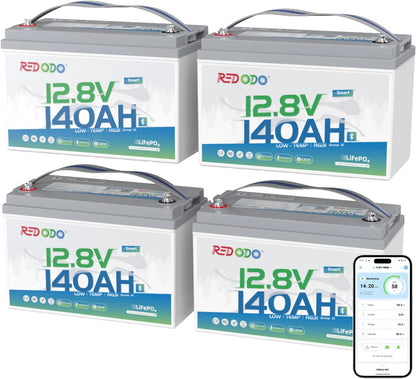 Redodo 12V 140Ah LiFePO4 Battery Group31, 10-Year Lifespan, 150A BMS & Bluetooth Monitoring, Ideal for RVs, Solar, Marine, Boat, Solar and Off-Grid 4 Pack