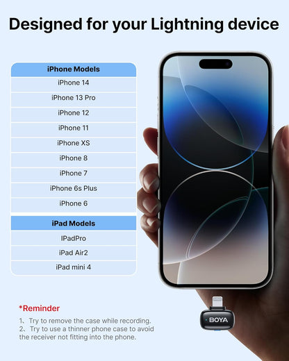 BOYA mini Wireless Microphone for iPhone with MFi Certified Ligntning Interface,Noise Cancellation, 30H Battery Life with Charging Case,AI Voice Changer for Video Recording, Live Streaming, Interviews