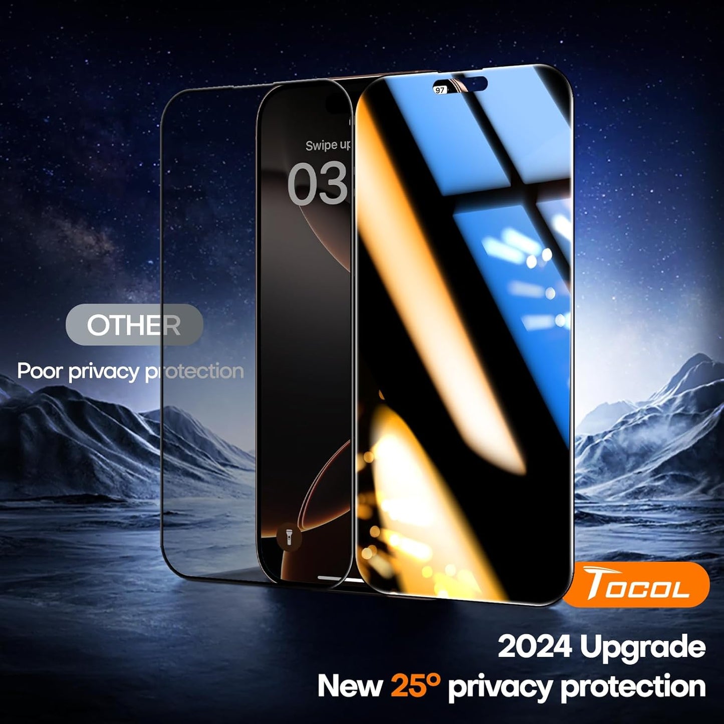 TOCOL for iPhone 16 Pro Max Privacy Screen Protector True 25°Anti Spy 9H+ Hardness Tempered Glass for Full Coverage Easy Installation, 2 Pack