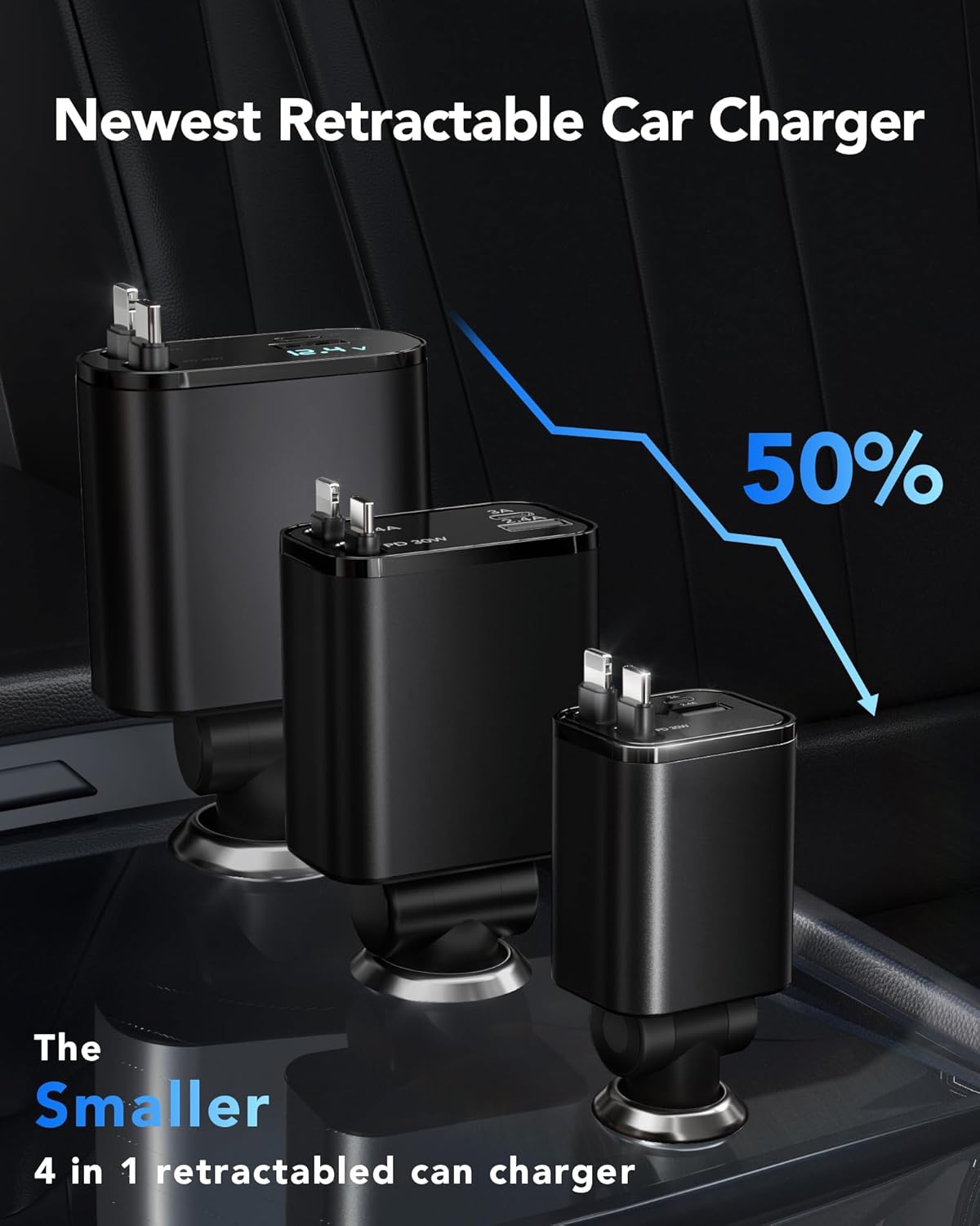 Retractable Car Charger, 4 in 1 Fast Car Charging 60W, Compatible for iPhone 16 Car Travel Essentials Charger, Women Men for Gifts USB C Car Honda Civic Accessories Adapter Compatible for iPhone 16 15