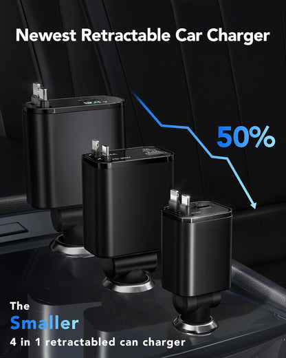 Retractable Car Charger, 4 in 1 Fast Car Charging 60W, Compatible for iPhone 16 Car Travel Essentials Charger, Women Men for Gifts USB C Car Honda Civic Accessories Adapter Compatible for iPhone 16 15