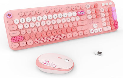 Wireless Keyboard and Mouse Combo, 104 Round Keys Full-Size Cute Colorful Pink Cordless Keyboard and Mouse with Retro Typewriter for PC/Mac/Laptop/Tablet/Computer/Windows Pink