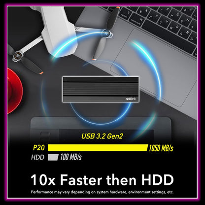 Addlink External Portable SSD 512GB P20 USB 3.2 Gen2 up to 1050MB/s, 3D TLC USB C Solid State Drive, for PC Laptop Mac Windows Linux Android PS4 PS5 Xbox One Smart TV (ad512GBP20B32) Made in Taiwan
