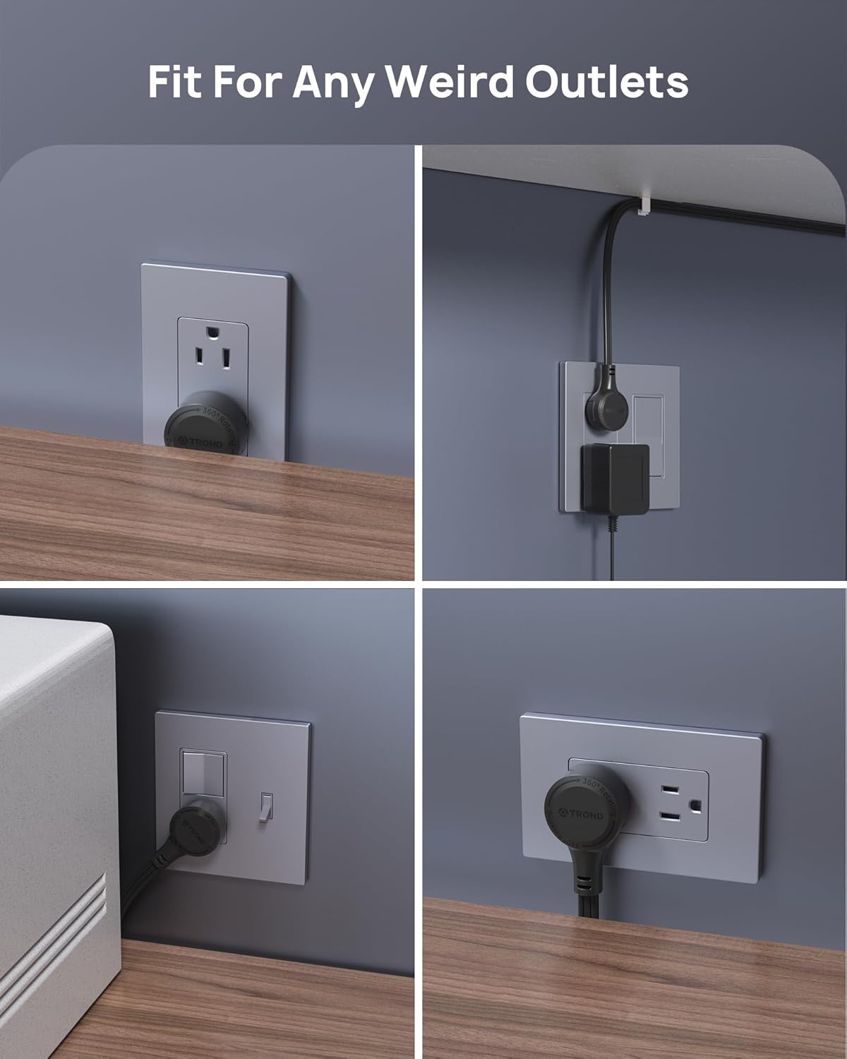 TROND 360° Rotating Flat Plug Extension Cord 3ft, Low Profile Small Power Strip, Three Side Grounded Outlet, 13A, Short SPT 16/3 Gauge Cable for Indoor Home Office Cruise Travel Essentials, Black