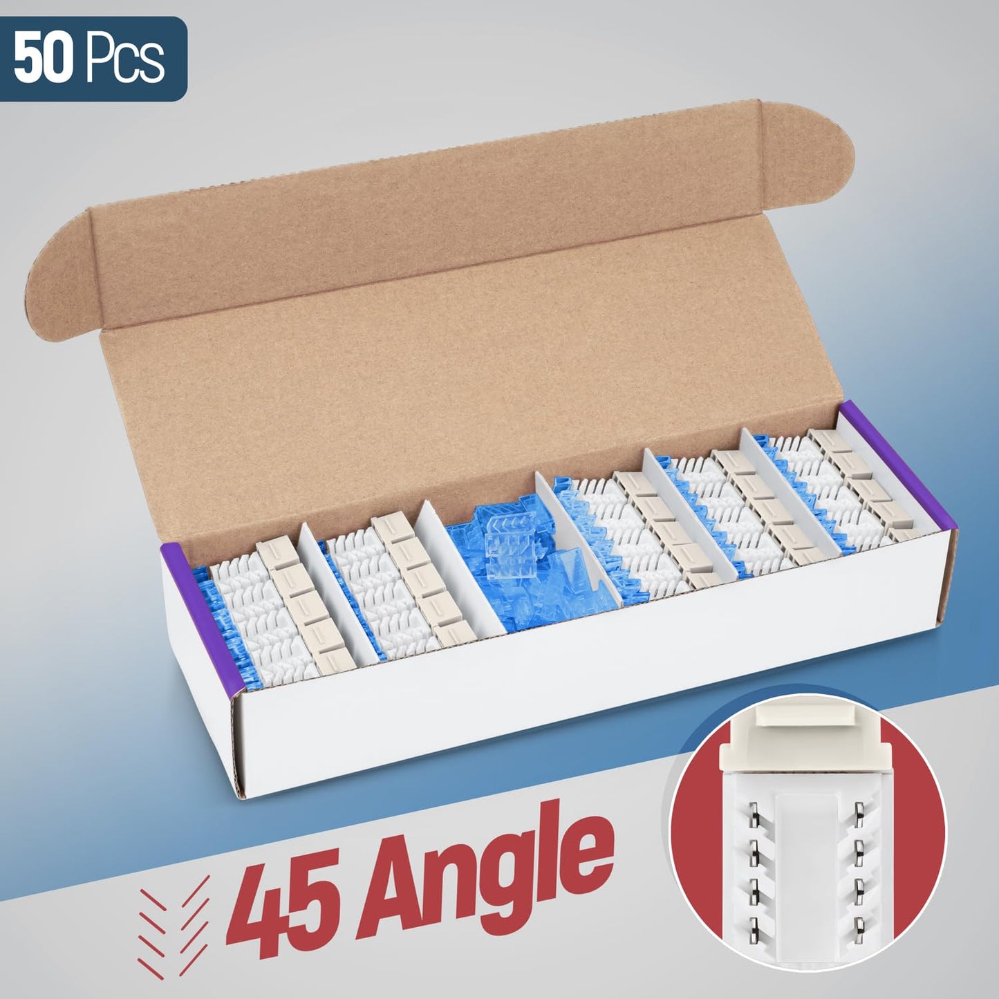 Everest 45° Angled RJ45 Cat5e Keystone Jacks 50-Pack in Light Almond - Slim Profile Female RJ45 Connectors - Cat 5e Keystone Jack - Compatible with 45° Angled Speed Termination Tool - 45Term