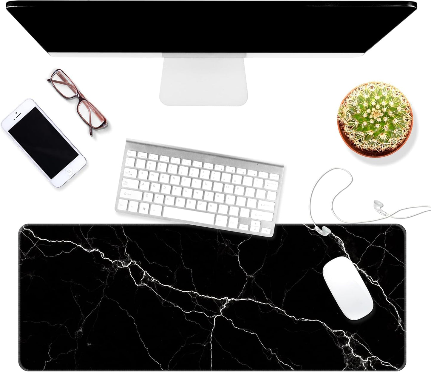 Dynippy Thin Extended Gaming Mouse Pad （31.5 * 11.8 * 0.08 inch） with Stitched Edges Large Mousepad Long XXL Keyboard and Mouse pad Desk Mat for Gaming Office & Home - Black White Marble