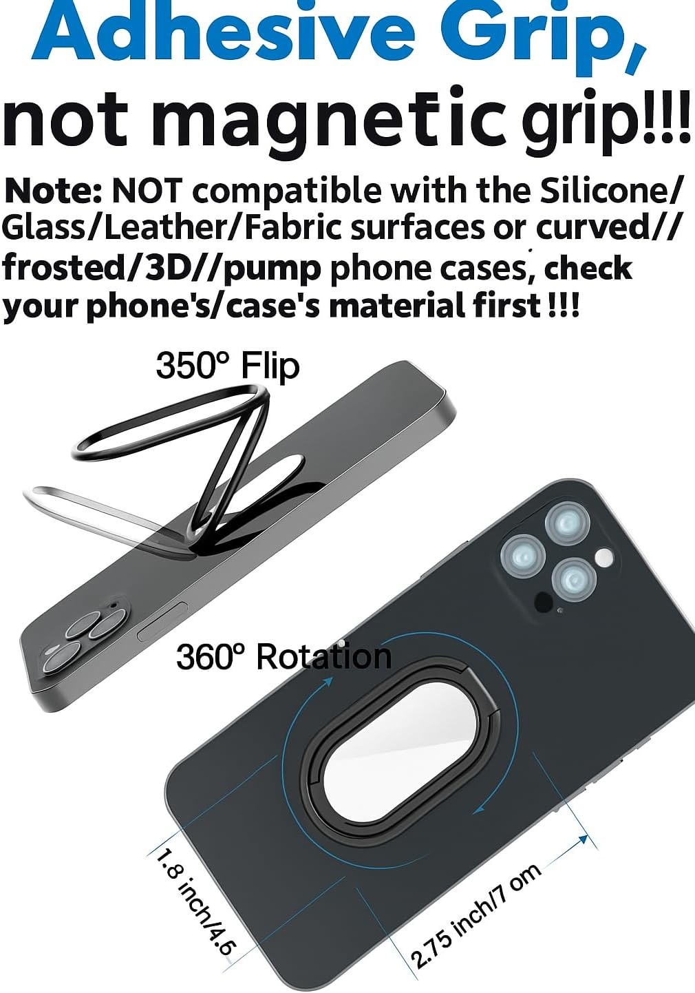 Phone Ring Holder Finger Kickstand, 360° Rotation Cell Phone Ring Holder Stand Metal Phone Back Grip for Magnetic Car Mount Foldable Cell Phone Stand Compatible with Most Smartphones