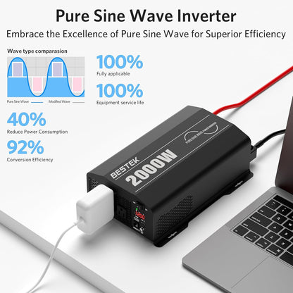 BESTEK 2000 Watt Pure Sine Wave Power Inverter, 12V DC to 110V/120V AC Inverter with 3 AC Outlets, USB & Type-C Port, Remote Controller, Off-Grid Solar Power Inverter 12V to 110V for Home, RV, Truck