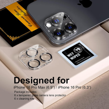 beuxece for 6 Pack iPhone 16 Pro/iPhone 16 Pro Max Camera Lens Protector [Drop Protection] [Case Friendly] [Easy Installation] 9H Tempered Glass Camera Screen Protector Cover, CD Black