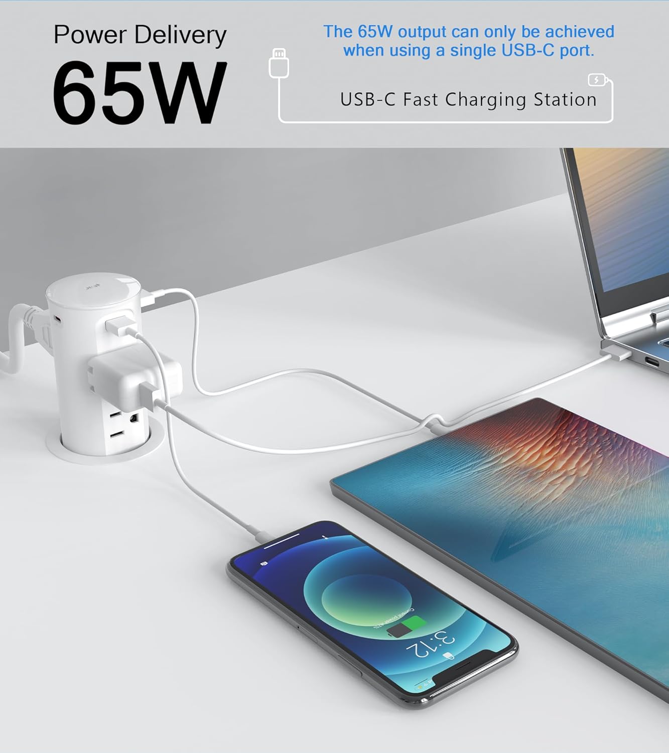 Pop up Outlet for Countertop,65W USB C Fast Charging Port,2.5-inch Hole Desktop Power Grommet,Recessed Power Strip,4 Outlets 4 USB Ports,15Amp Tamper Resistant Receptacle,ETL Listed (White)