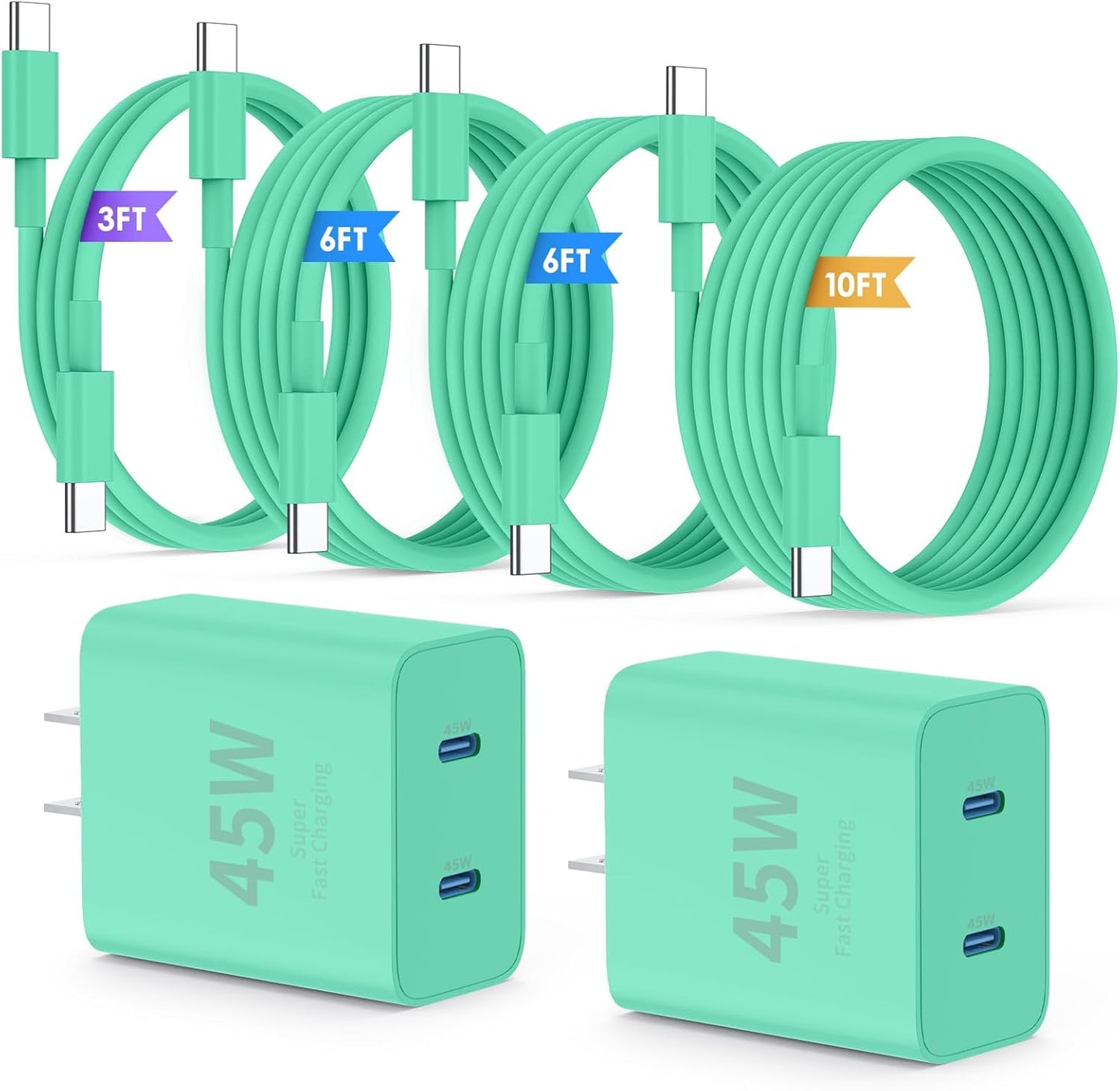 Super Fast Samsung Charger Type C,45W Dual Port USB C Fast Charger Block [2-Pack] & Extra Long 60W 3/6/6/10FT USB C Cable - PD Quick Charging 3.0 for Samsung Galaxy S25 Ultra/S24+/S23 iPhone 16