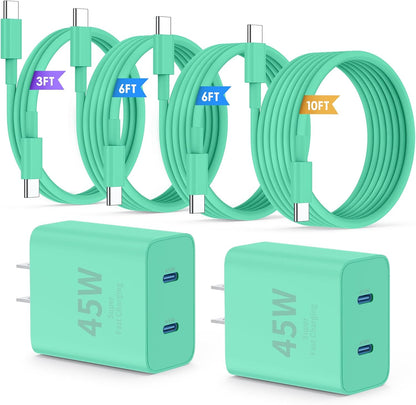 Super Fast Samsung Charger Type C,45W Dual Port USB C Fast Charger Block [2-Pack] & Extra Long 60W 3/6/6/10FT USB C Cable - PD Quick Charging 3.0 for Samsung Galaxy S25 Ultra/S24+/S23 iPhone 16
