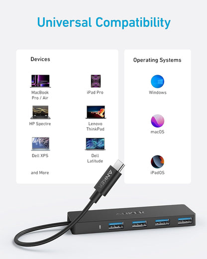Anker 4-Port USB 3.0 Hub with 5Gbps Data Transfer, Ultra-Slim Data USB C Hub [Charging Not Supported], for MacBook, iMac, Surface, Mobile HDD, and More (USB-C, 0.7 ft)