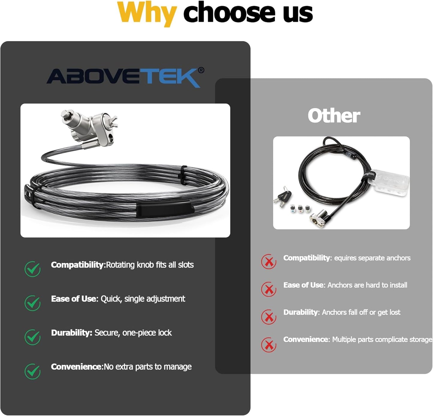 AboveTEK 3-in-1 Universal Laptop Cable Lock, Professional Laptop Security Lock with 2 Keys, Cut-Resistant Steel Locking Cable with 360° Rotating Head, Compatible with K-Slot, Nano & Wedge Slot