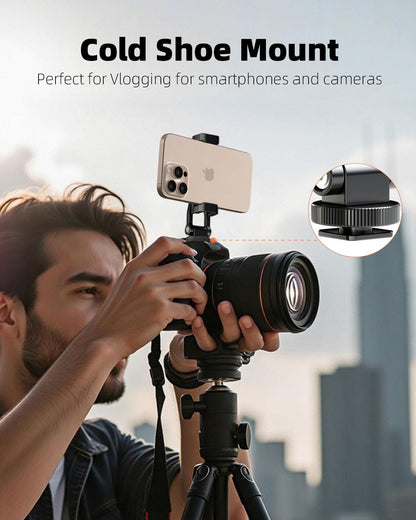 All Metal Phone Tripod Mount, 360° Rotation Tripod Phone Mount with 2 Cold Shoes, Adjustable Cell Phone Mount Adapter with 1/4" Thread, Compatible with iPhone Android Phones, Digital Camera