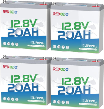 Redodo 12V 20Ah LiFePO4 Battery, 4000+ Deep Cycles Lithium Battery with 20A BMS, 256Wh Energy, Perfect for Kayak Finshfinder, Ice Fishing, GPS, Camping, 4 Pack