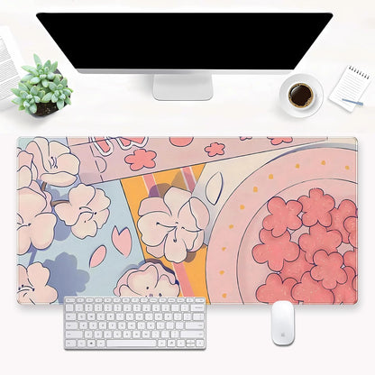 Pink Floral Mouse Pad XXL Cute Anime Gaming Desk Mat 31.5"x15.7", Thickened Rubber Base, Stitched Edge & Washable Design for Women, Office, Home