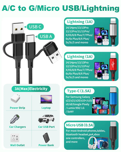 HanCenDa 4 in 2 Multi Charging Cable, 3Pack 6FT Multiple Chargers for All Devices Nylon Braided USB A/C to 2*Lighting/Typc C/Micro USB Port Universal Multi USB Charger Cords for iPhone 16/15