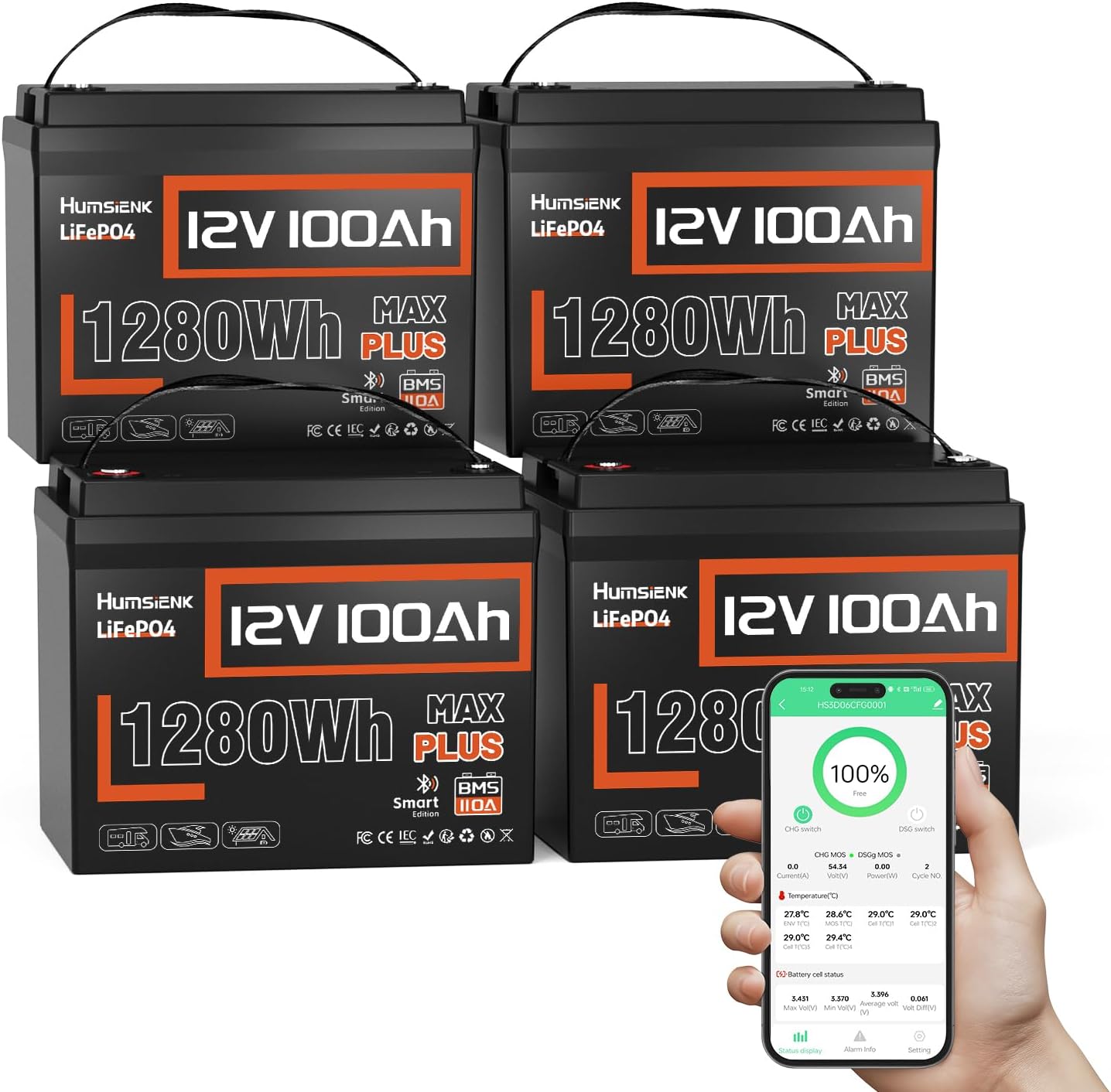 4 PACK 12V 100Ah LiFePO4 Lithium Battery MAX PLUS Bluetooth 5.0 IP67, Built-in 110A BMS 15000+ Deep Cycles 1280Wh Lithium Batterys, for RVs Marine