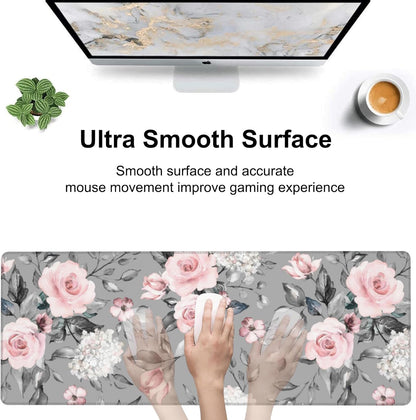 Pink Roses Desk Mat,Large Spring Blooming Flowers and Leaves Gaming Keyboard Mouse Pad,Non-Slip Rubber Base Desk Pad Thick Stitched Edges Waterproof Mousepad Mouse Mat 31.5"x11.8"