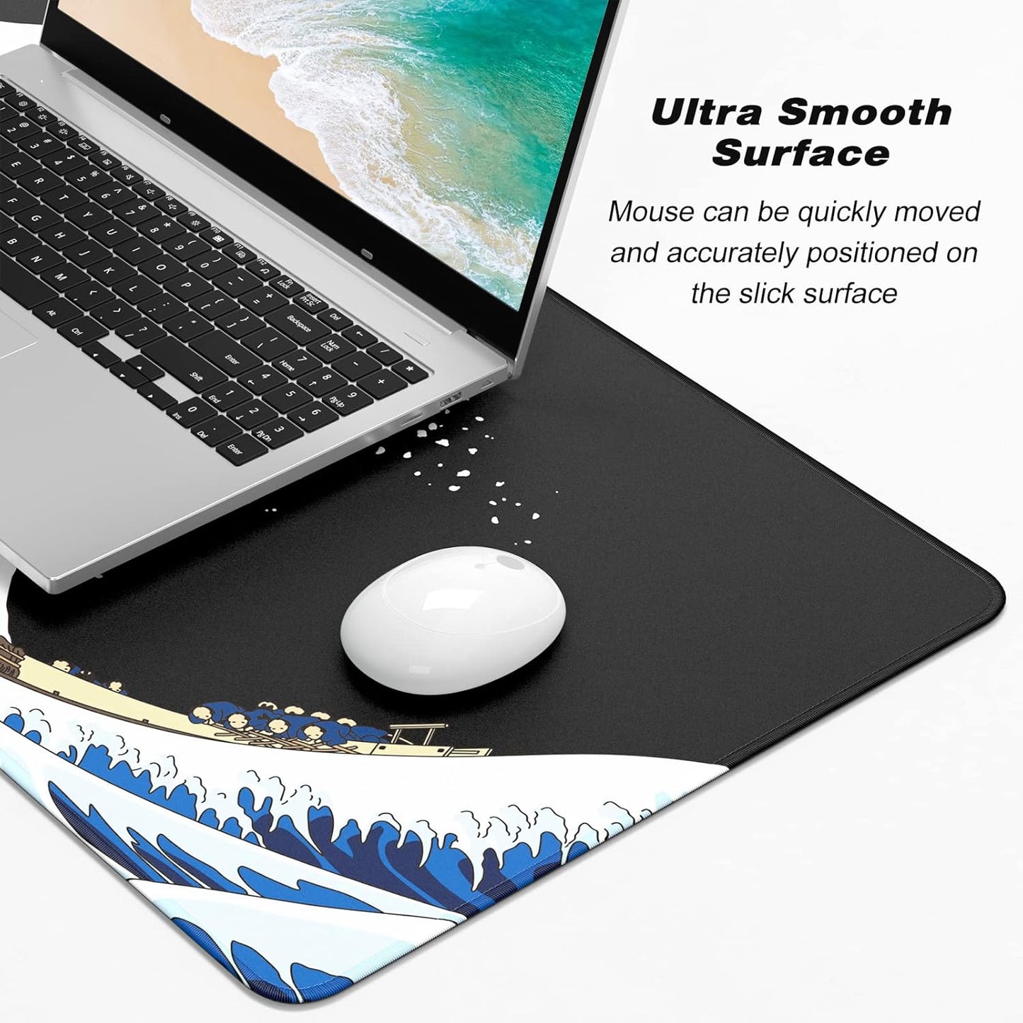 Extended Gaming Mouse Pad, XXL Large Desk Pad 30 x 14 Inch, Big Computer Keyboard Mousepad, Waterproof Mouse Mat with Stitched Edges and Non-Slip Base for Women Office Gaming, Sea Waves