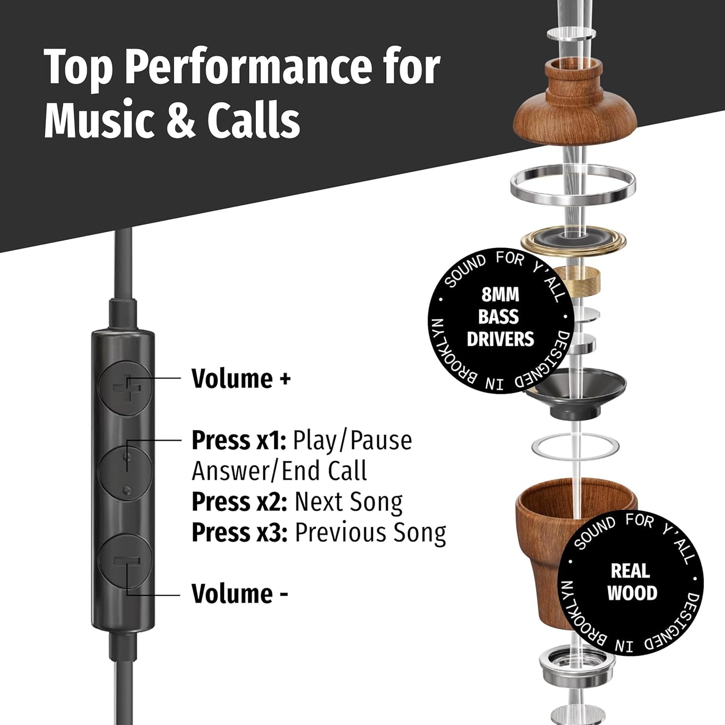 Symphonized Premium Wooden Airtube Headphones EMF Earbuds, 3D Sound, Microphone Volume Control, 8mm Bass Drivers Granting High Audio Quality MFI Certified ONLY for iPhone 11-14