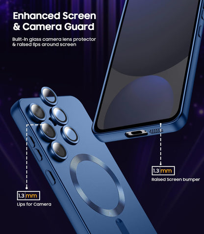 Magnetic for Samsung Galaxy S24 FE Case [Compatible with MagSafe][Built-in Camera Lens Protector] Slim Soft Silicone Bumper Shockproof Metallic Luster Phone Cover (Blue)