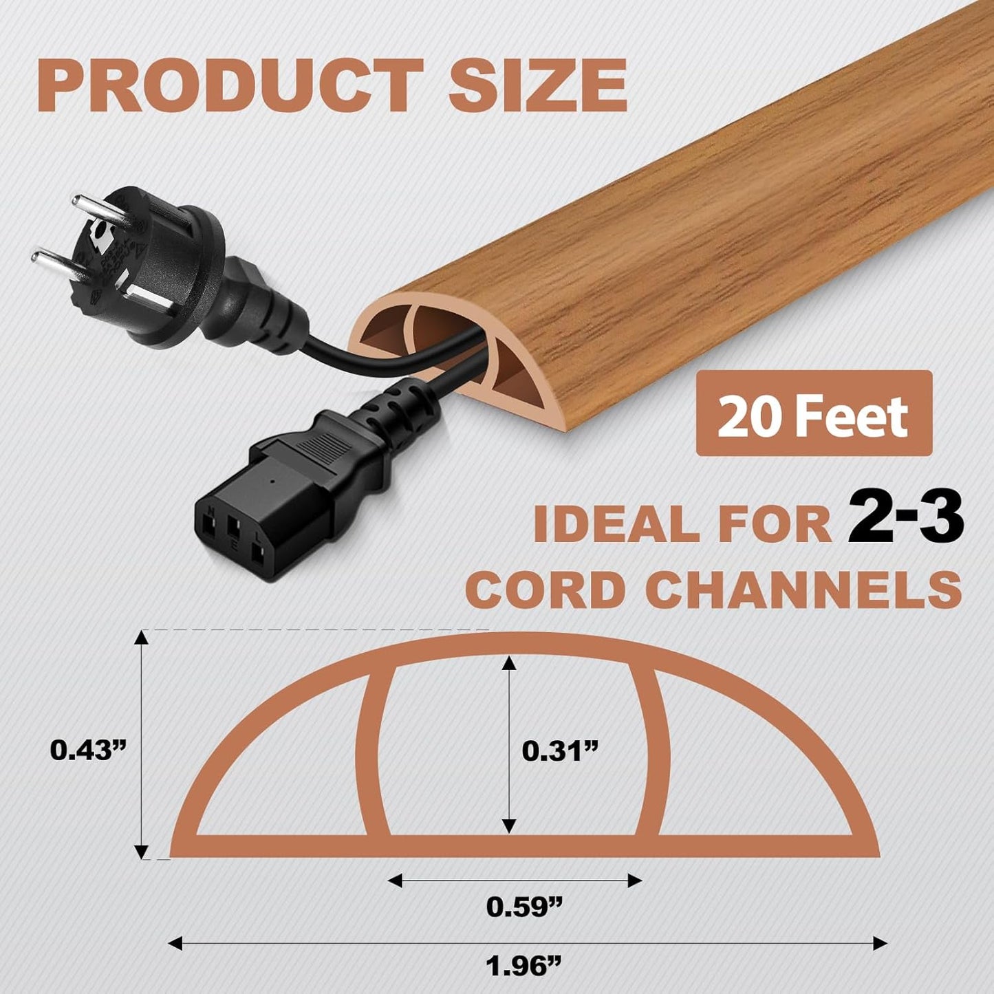 Floor Cord Cover for Wires on Floor Self Adhesive Cord Hider Floor Cable Management Wire Covers for Cords Protector Prevent Cable Trips Cord Cavity W 0.59" x H 0.31", Brown Wood, 20Ft