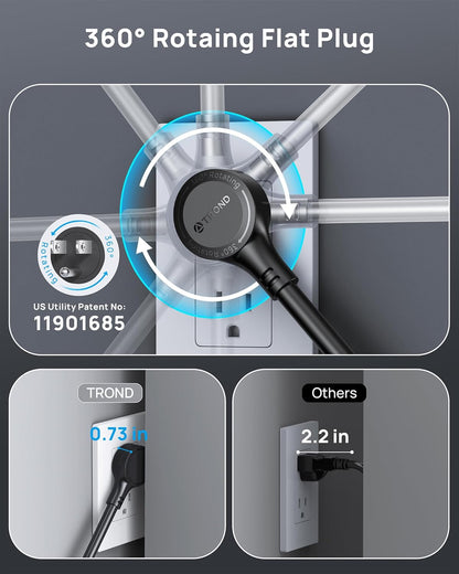 TROND 360° Rotating Flat Plug, Surge Protector Power Strip, 13AC Widely Spaced Outlets Expansion with 3 USB C Ports, 4000J, 15ft Extension Cord Heavy Duty, Wall Mount, Under Desk, ETL Listed, Black