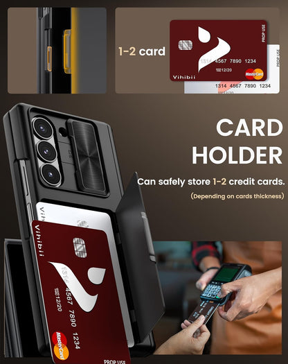 Vihibii for Samsung Galaxy Z Fold 6 Case with Belt Clip Holster & Card Holder & Slide Camera Cover & Hinge Protection & Screen Protector, Shockproof Rugged Wallet Case for Galaxy Z Fold 6, Black