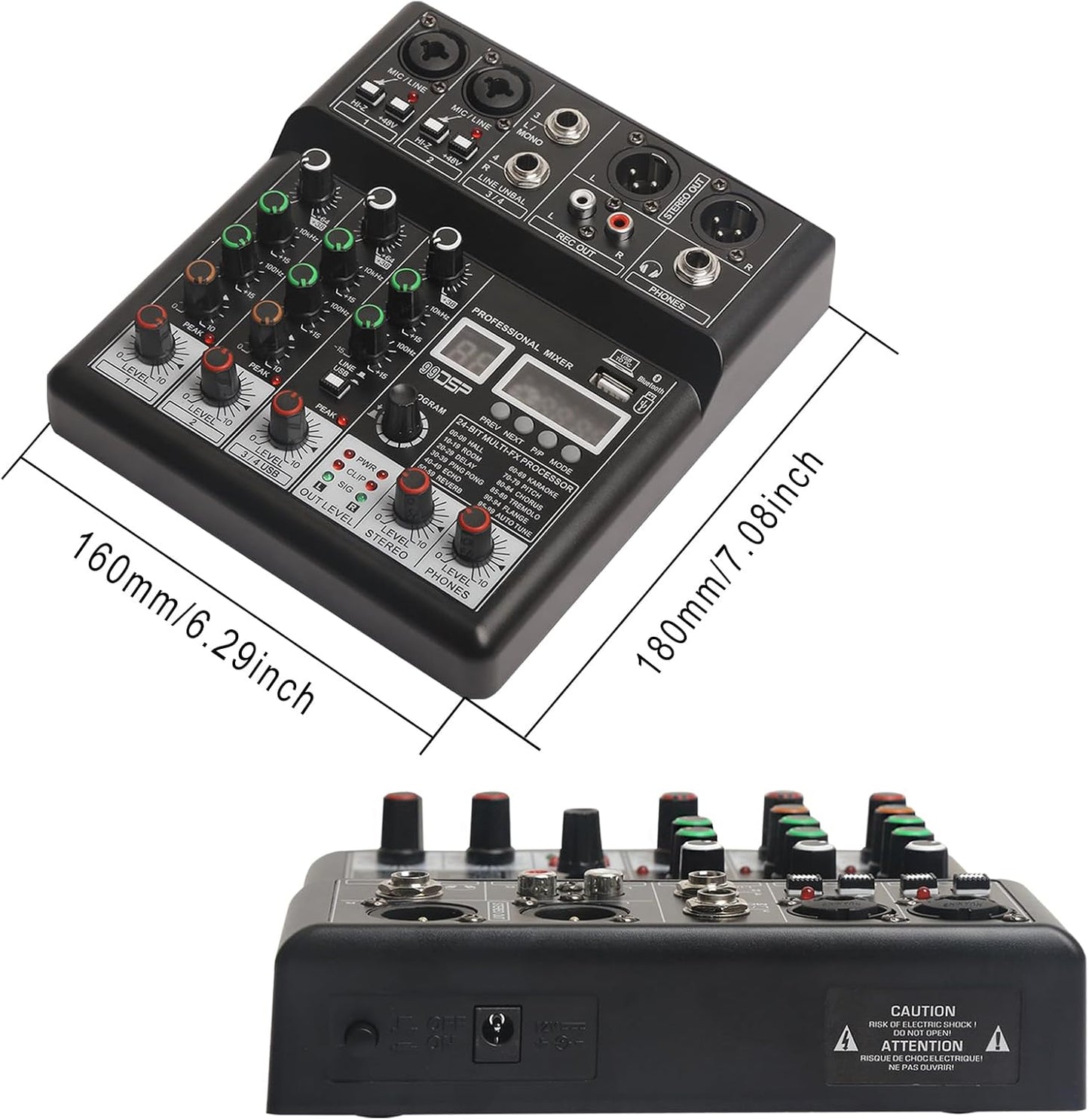Dj Mixers, 4 Channel Audio Mixer, Sound Board with Bluetooth Player, Usb Audio Interface with 48V Phantom Power, Sounds Mixer Board with 99 DSP FX Reverb Delay Effect