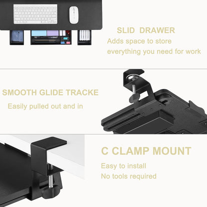 Keyboard Tray Under Desk with Drawer,26.77" X 11.81" Keyboard Tray Large Size with C Clamp-on Mount, Easy to Install, Save Space for Office Desk (Black)