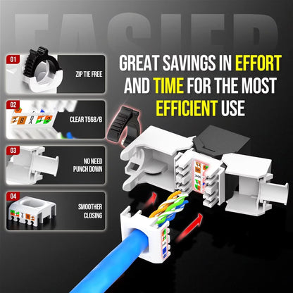 AMPCOM CAT6 RJ45 Keystone Jack - Reusable UTP Ethernet Wall Jack with Adjustable Ratchet Lock Design, No Tool and Zip Tie Required - 50u Gold Plated - Black (6-Pack)