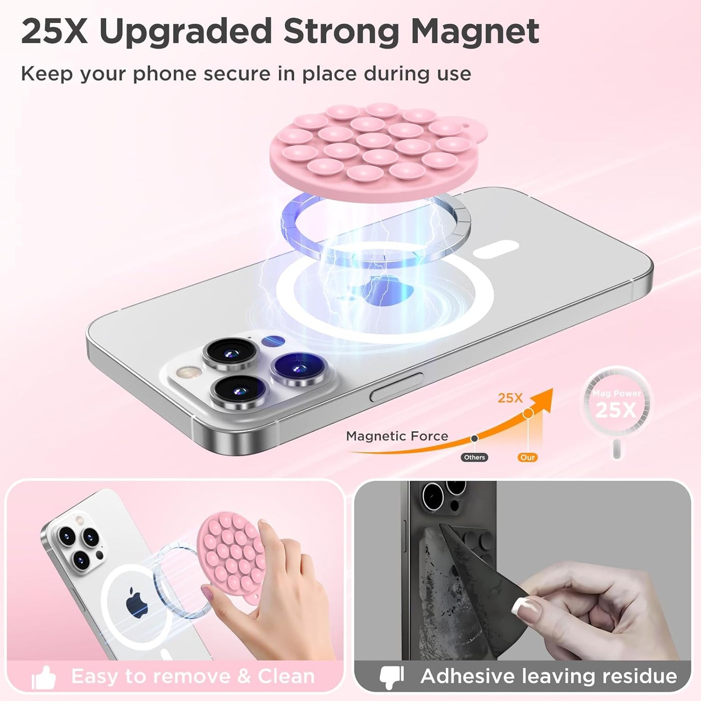Magnetic Suction Cup Phone Mount for MagSafe Case, Silicone Hands-Free Grip Holder for iPhone and Android, Mirror Shower Phone Stand for Makeup FaceTime Gym Kitchen Bathroom, Pink