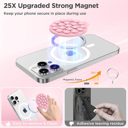 Magnetic Suction Cup Phone Mount for MagSafe Case, Silicone Hands-Free Grip Holder for iPhone and Android, Mirror Shower Phone Stand for Makeup FaceTime Gym Kitchen Bathroom, Pink