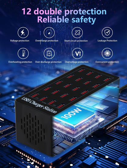 Charging Station, 100W20Port USB Charging Station, Multiple USB Charger Station, Charging Station for Multiple Devices, Multi USB Charging Station, Chargers for Multiple Devices, black