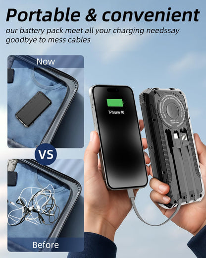 Solar Power Bank 20000mAh, Wireless Charger with 15W Fast Charging, 3 Data Cables, USB-C Output, Dual Flashlights, Portable Outdoor Battery Pack for iPhone, Samsung, and More, for Camping, Emergency