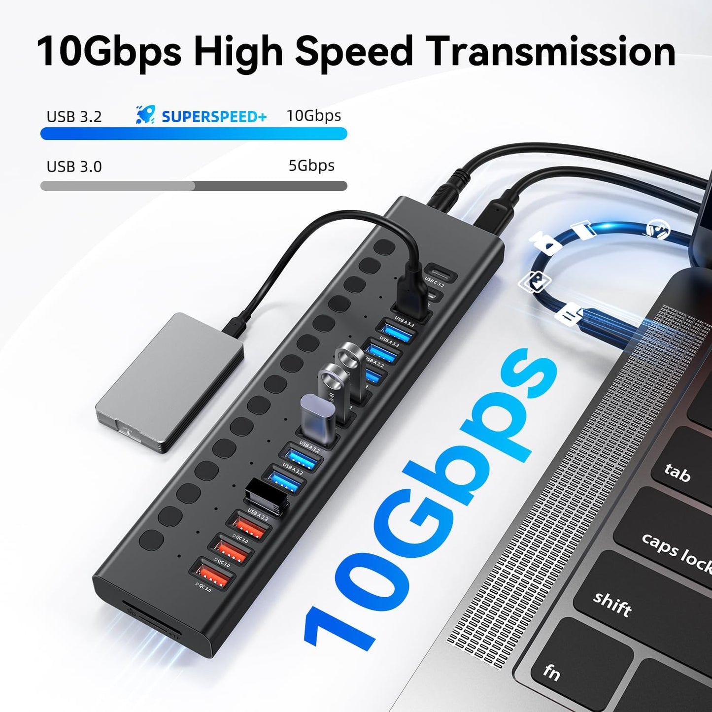 Powered USB Hub 10Gbps, 17 Ports 96W USB 3.2 Hub(10 USB-A 3.2 Ports+3 QC 24W Fast Charging Ports+2 USB-C 3.2 Ports+SD/TF Card Reader), 12V/8A Power Adapter for Laptop, PC, Computer, HDD,Flash Drive
