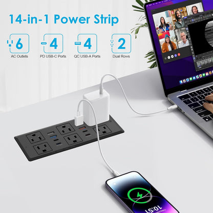 Recessed Power Strip, 30W PD USB-C & USB-A Fast Charging, Drawer Outlet Plug in 6 Outlets & 8 USB Ports, Furniture Flush Mount Desk Outlets for Conference Table, 10FT Cord Black
