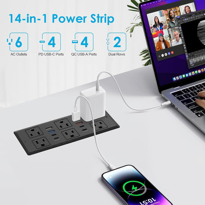 Recessed Power Strip with PD 30W Fast Charging, Conference Desk Flush Mount Outlets Plug in 6 Outlets & 8 USB Ports,3FT Cord Furniture Drawer Outlet Black